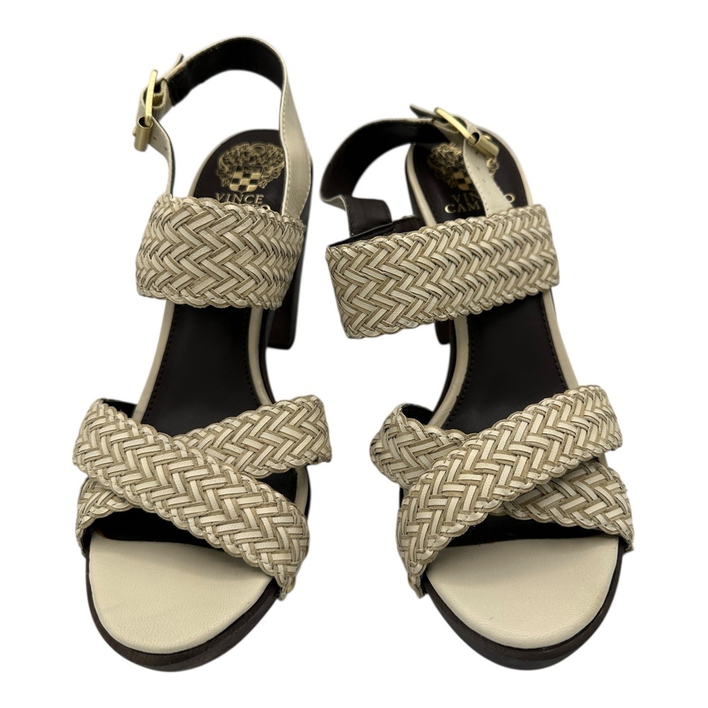 Vince Camuto Claire Woven Raffia Beige Platform Block Heel Sandal Size 9.5